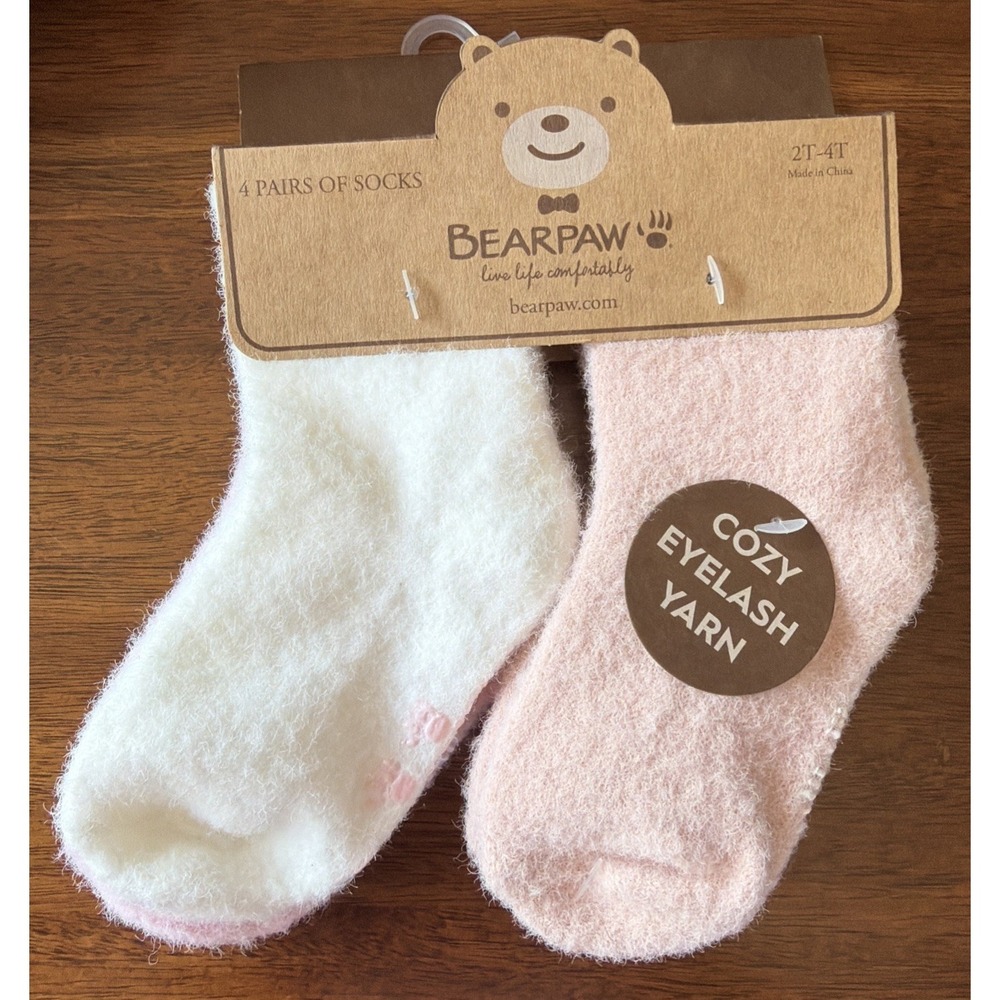 NWT Bearpaw Baby Girls Sz 2T-4T Eyelash Yarn 4pr Socks Soft Pink/White Winter